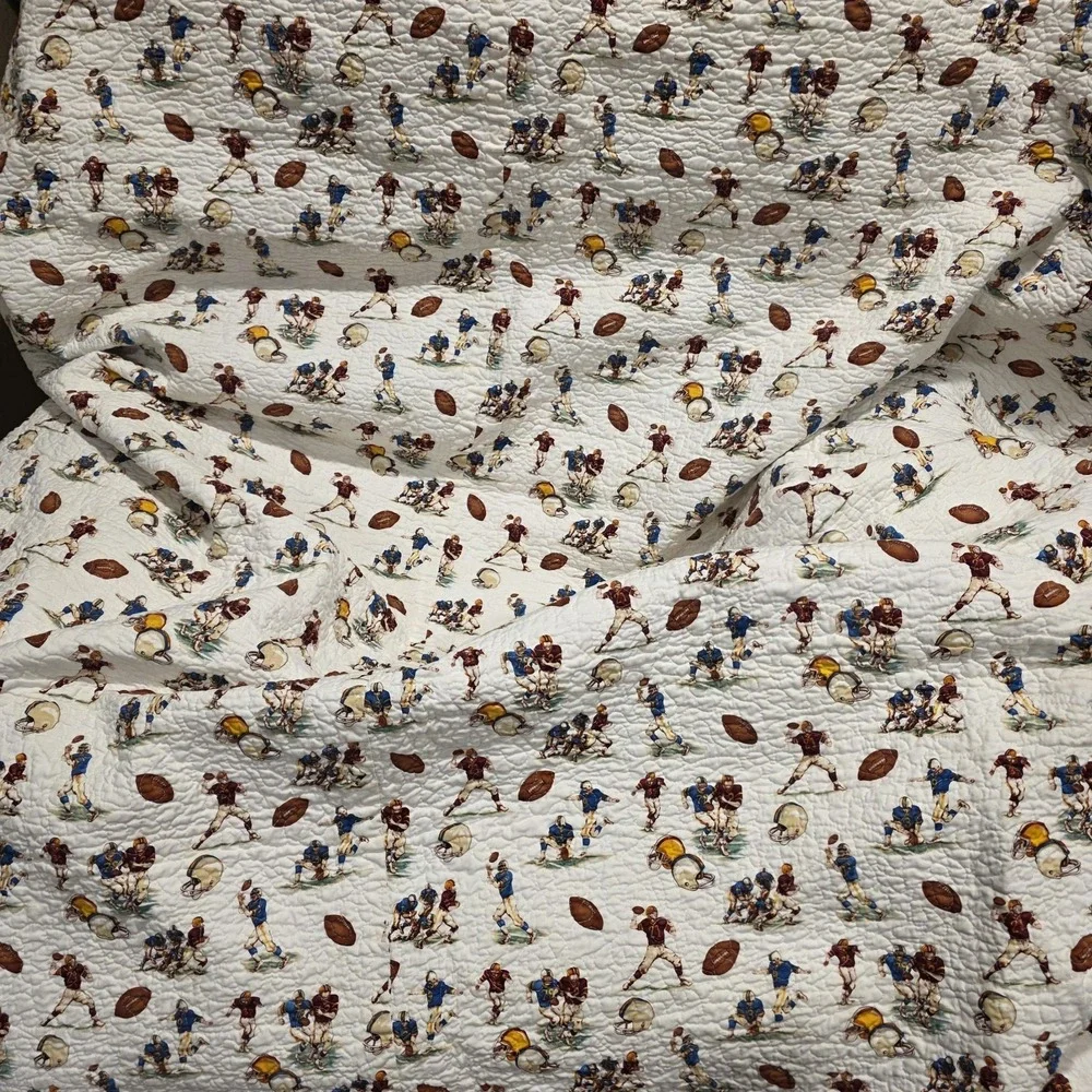 Quilt 66x80 Handmade Machine Sewn Green Brown Ivory Patch Boys Football Sports